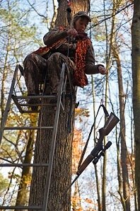 Hunter in Tree Stand with Safety Gear.